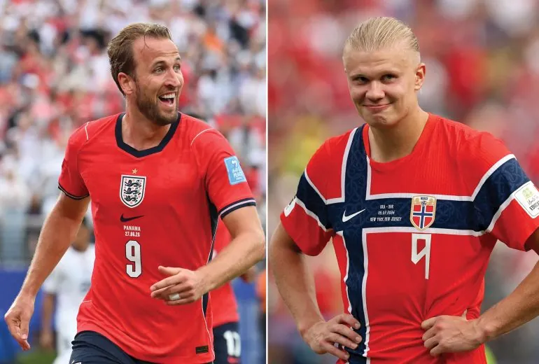 (COMBO) This combination of pictures created on July 10, 2026, shows England's forward #09 Harry Kane at the New York/New Jersey Stadium in East Rutherford on June 27, 2026; and Norway's forward #09 Erling Braut Haaland at the New York/New Jersey Stadium in East Rutherford on July 5, 2026. Norway and England will meet in a 2026 World Cup football tournament quarter-final match in Miami on July 11, 2026. (Photo by Angela WEISS and Odd ANDERSEN / AFP)