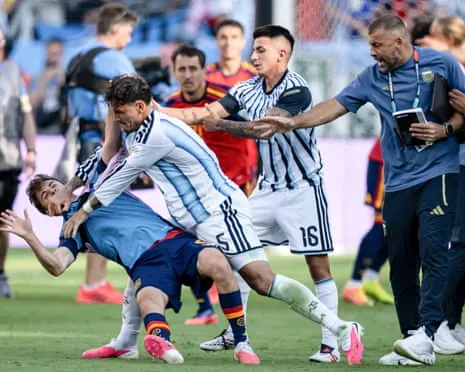 Argentina's Leandro Paredes scrapes with Spain’s Gavi at the New York New Jersey Stadium following victory for Luis de la Fuente’s men