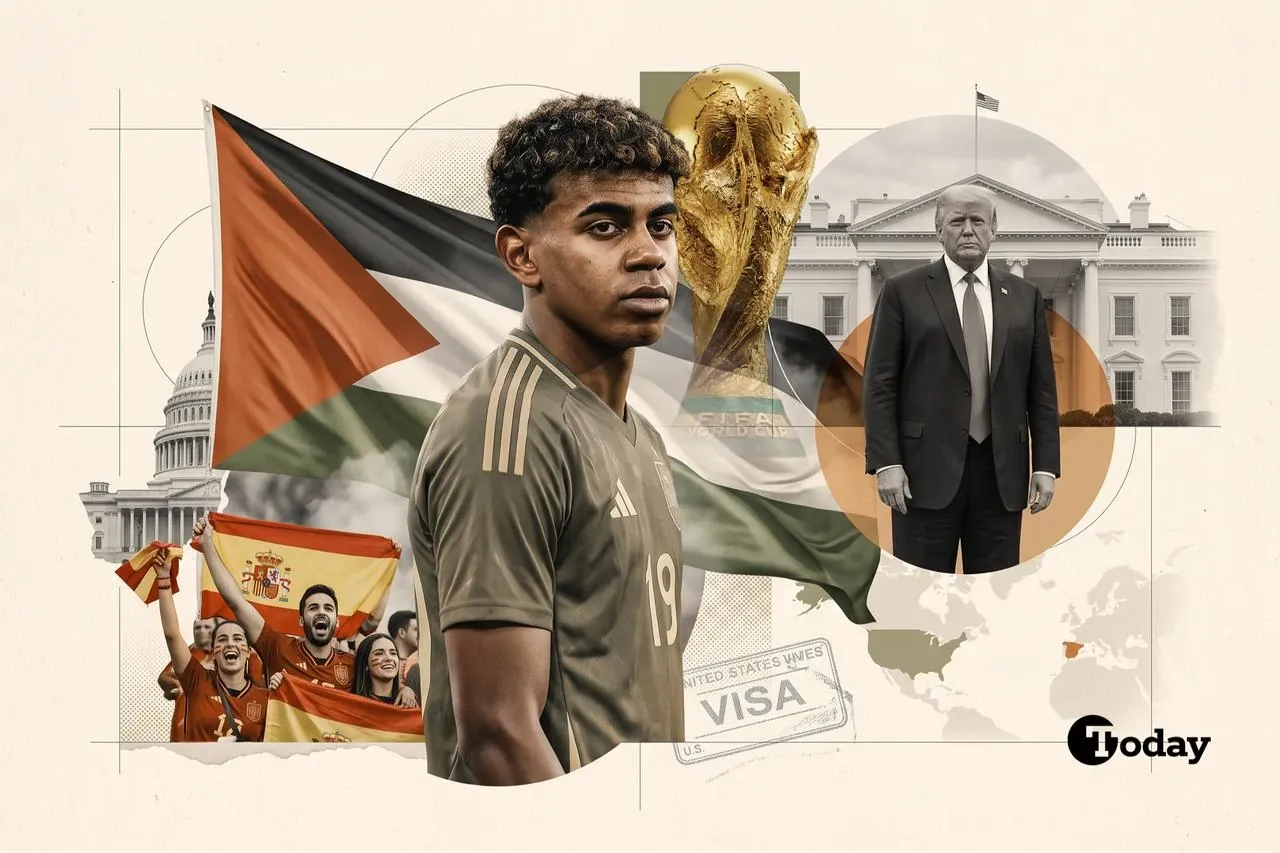 An illustration depicts a Spanish footballer alongside the World Cup trophy, Palestinian and Spanish flags, a U.S. visa stamp and a political figure outside the White House. (Photo Collage prepared by Türkiye Today/Zehra Kurtulus)