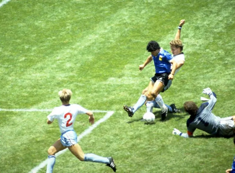 Diego Maradona scores his second against England in the 1986 World Cup in Mexico