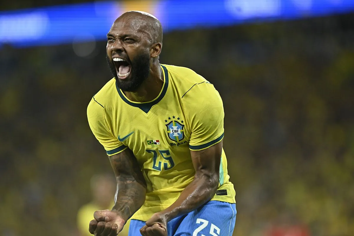Igor Thiago celebrates after scoring a goal for Brazil