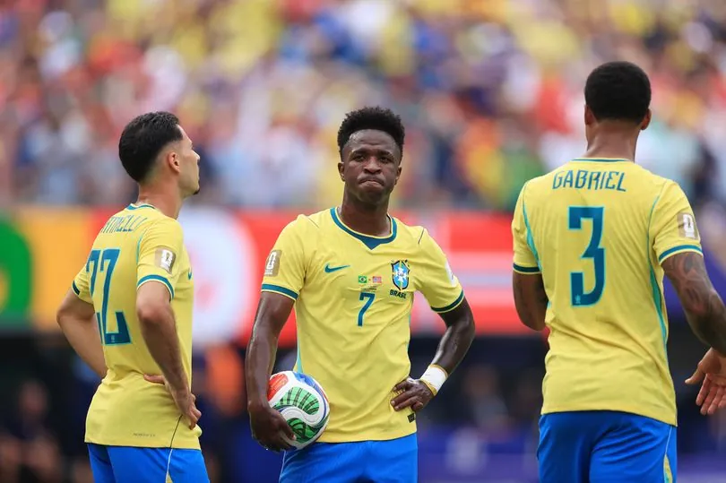 Gabriel Martinelli and Vinicius Jr playing for Brazil at the World Cup