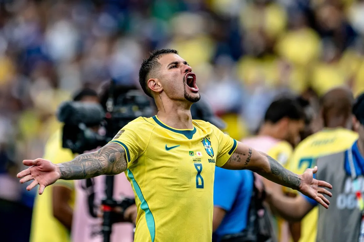 Bruno Guimaraes celebrates with Brazil