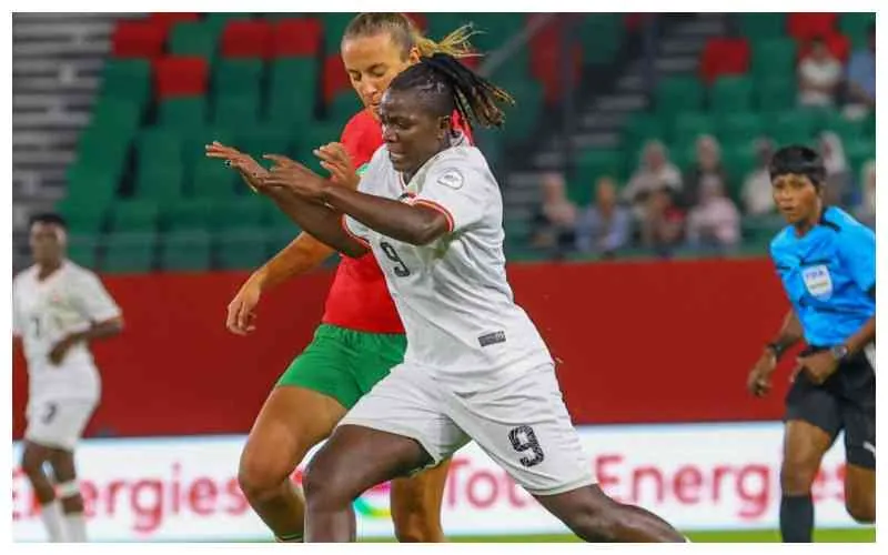 Harambee Starlets forward Tereza Engesha in action during their 2026 Wafcon match against Morocco at Stade Moulay Hassan, Rabat, on Sunday. [FKF Media]